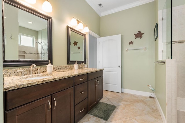 2898 SW 117th Way, Gainesville, FL 32608 - bathroom with ornamental molding, double vanity, walk in shower, and baseboards