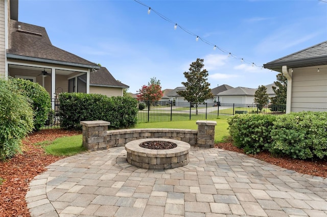 2898 SW 117th Way, Gainesville, FL 32608 - view of patio / terrace featuring a fire pit, a residential view, and ceiling fan