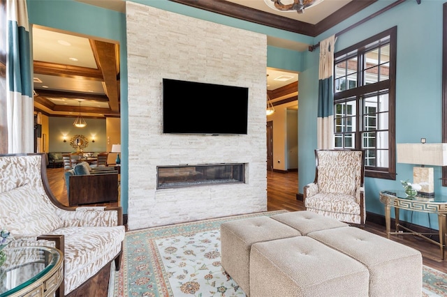 2898 SW 117th Way, Gainesville, FL 32608 - living area with crown molding, coffered ceiling, beam ceiling, a fireplace, and wood finished floors