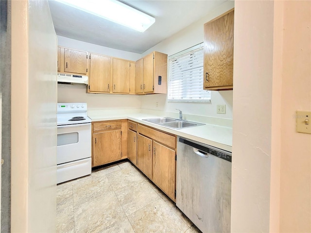 2300 SW 43rd St Unit L2, Gainesville, FL 32607 - kitchen with white electric range, dishwasher, a sink, under cabinet range hood, and light countertops