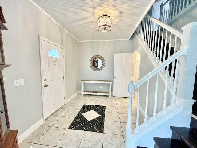 5510 NW 80th Ave, Gainesville, FL 32653 - foyer with stairway, baseboards, crown molding, a chandelier, and marble finish flooring
