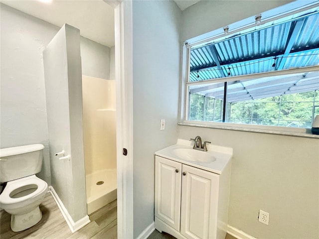 5510 NW 80th Ave, Gainesville, FL 32653 - bathroom featuring wood finished floors, a stall shower, baseboards, toilet, and vanity