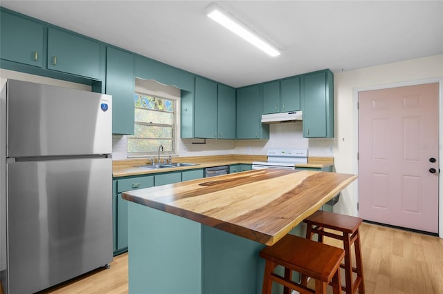 5806 NW 26th Ter, Gainesville, FL 32653 - kitchen featuring appliances with stainless steel finishes, a sink, under cabinet range hood, butcher block counters, and a breakfast bar area
