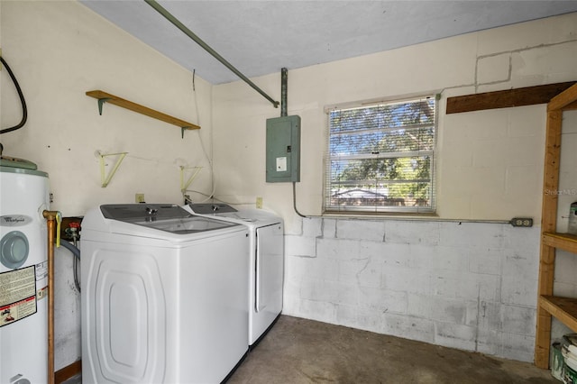 5806 NW 26th Ter, Gainesville, FL 32653 - laundry room with electric panel, water heater, concrete block wall, and washing machine and dryer
