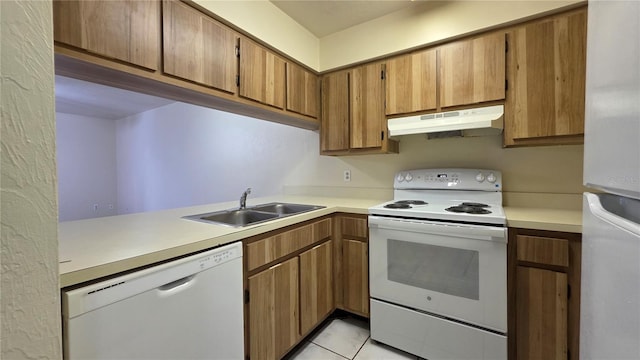 2635 SW 35th Pl Unit 1705, Gainesville, FL 32608 - kitchen featuring under cabinet range hood, white appliances, a sink, brown cabinets, and light countertops