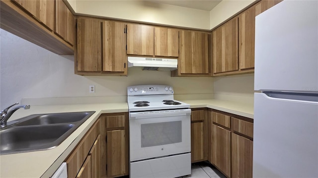 2635 SW 35th Pl Unit 1705, Gainesville, FL 32608 - kitchen featuring white appliances, under cabinet range hood, a sink, brown cabinets, and light countertops