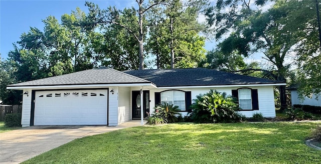 6132 NW 111th Pl, Alachua, FL 32615 - ranch-style house featuring an attached garage, concrete driveway, a front lawn, and roof with shingles