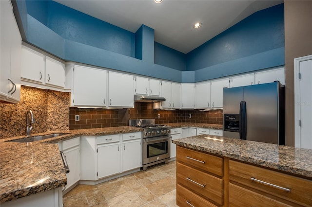 6425 NW 97th Ct, Gainesville, FL 32653 - kitchen with stainless steel appliances, a sink, dark stone countertops, under cabinet range hood, and high vaulted ceiling