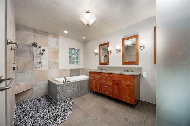 6425 NW 97th Ct, Gainesville, FL 32653 - full bathroom featuring a bath, double vanity, recessed lighting, tile patterned floors, and a tile shower