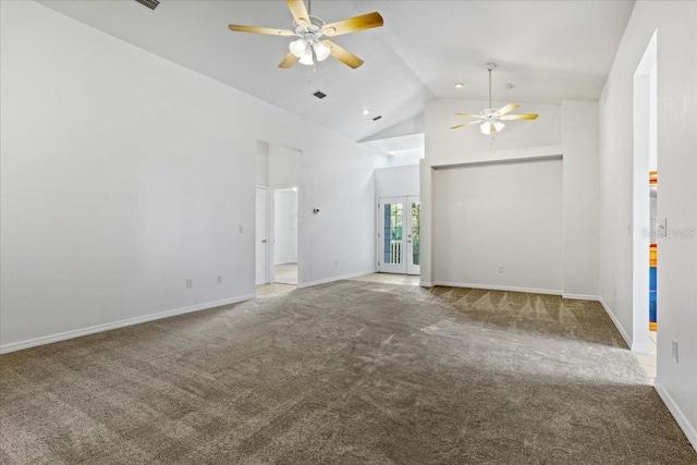 18028 NW 177th Ave, Alachua, FL 32615 - unfurnished living room with a ceiling fan, carpet, high vaulted ceiling, and baseboards