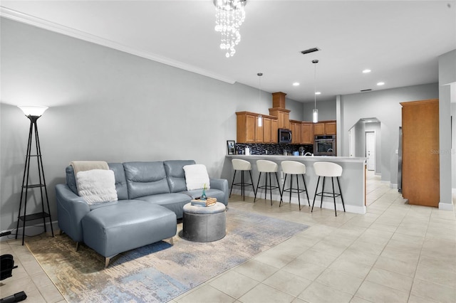 6516 NW 109th Pl, Alachua, FL 32615 - living area featuring recessed lighting, light tile patterned floors, baseboards, and ornamental molding