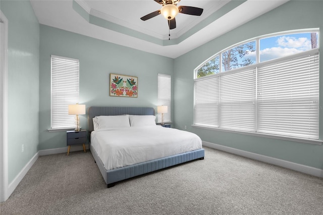 6516 NW 109th Pl, Alachua, FL 32615 - carpeted bedroom featuring a raised ceiling, baseboards, crown molding, and a ceiling fan