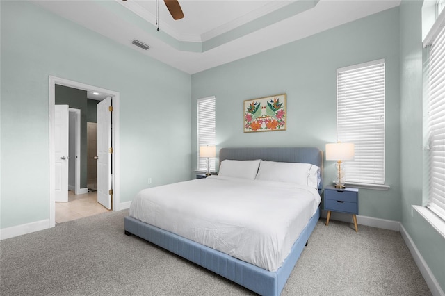 6516 NW 109th Pl, Alachua, FL 32615 - bedroom with carpet, baseboards, ceiling fan, and a tray ceiling