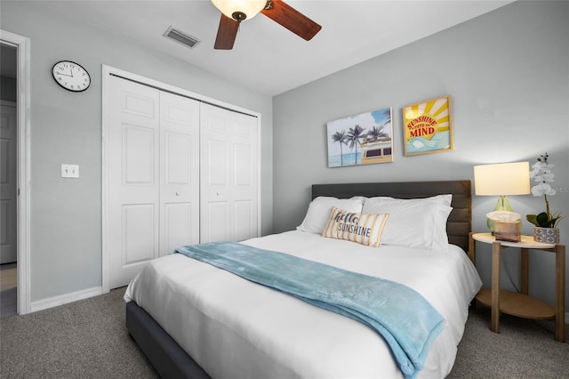 6516 NW 109th Pl, Alachua, FL 32615 - bedroom with carpet floors, a closet, baseboards, and ceiling fan