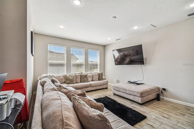13201 Orca Sound Dr, Riverview, FL 33579 - living area with baseboards, light wood-style floors, recessed lighting, and a textured ceiling