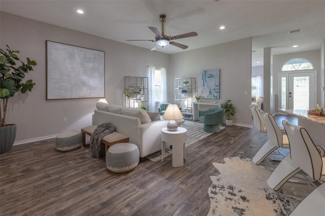 2072 SW 66th Dr, Gainesville, FL 32607 - living room featuring dark wood-style floors, ceiling fan, and recessed lighting