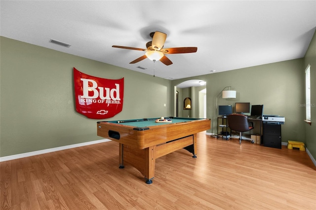 1827 SW Shiloh St, Fort White, FL 32038 - rec room featuring arched walkways, ceiling fan, pool table, and light wood-type flooring
