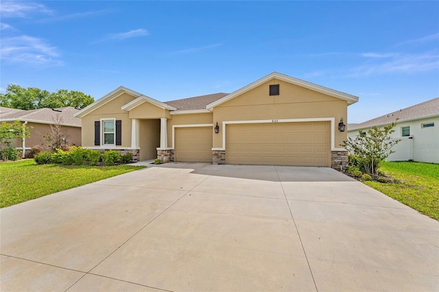 8123 SW 57th Ct, Ocala, FL 34476 - view of front facade featuring stucco siding, a garage, a front yard, and stone siding