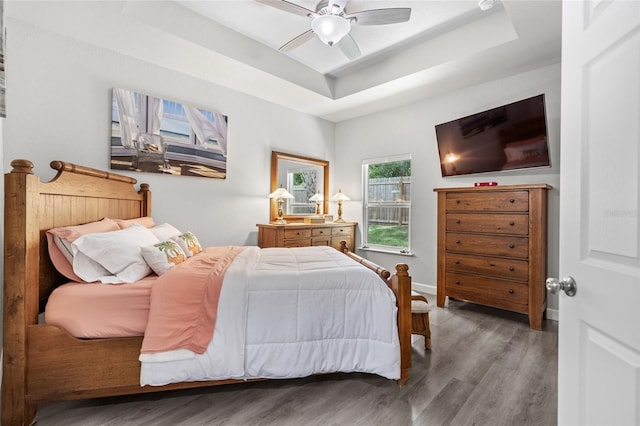 14214 NW 154th Pl, Alachua, FL 32615 - bedroom featuring wood finished floors, a raised ceiling, and ceiling fan