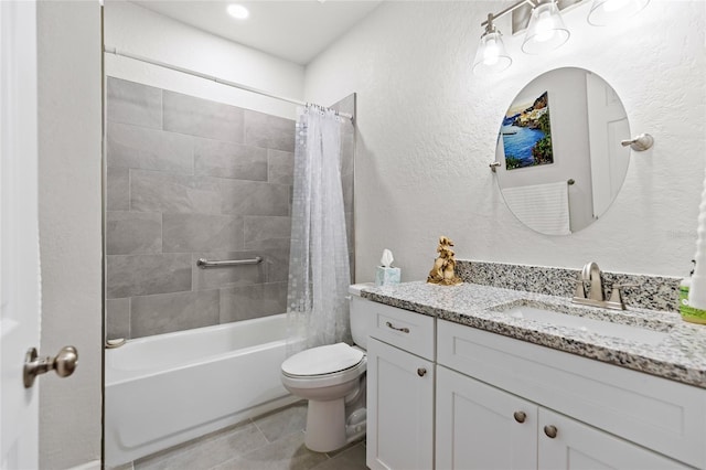 14214 NW 154th Pl, Alachua, FL 32615 - full bathroom featuring vanity, toilet, shower / bath combo, tile patterned flooring, and a textured wall