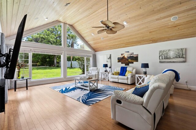 518 SW Little Rd, Lake City, FL 32024 - living area with high vaulted ceiling, plenty of natural light, ceiling fan, wooden ceiling, and baseboards