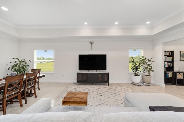 5604 SW 215th Ter, Newberry, FL 32669 - living area with recessed lighting, ornamental molding, light tile patterned floors, and built in shelves