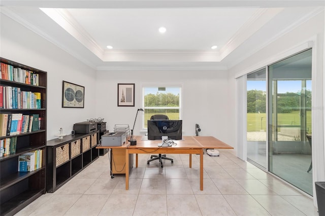 5604 SW 215th Ter, Newberry, FL 32669 - home office with a raised ceiling, ornamental molding, and light tile patterned floors