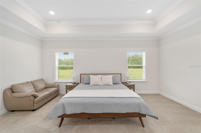5604 SW 215th Ter, Newberry, FL 32669 - bedroom featuring multiple windows, light colored carpet, a tray ceiling, crown molding, and recessed lighting