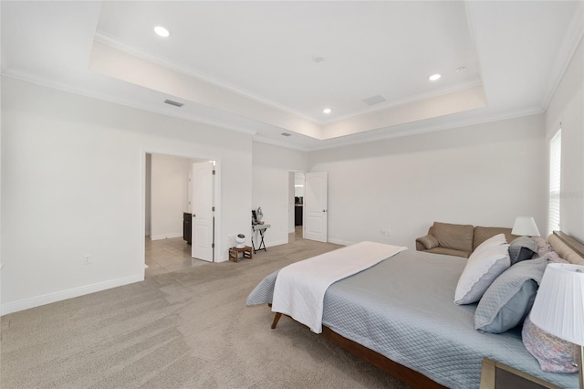 5604 SW 215th Ter, Newberry, FL 32669 - bedroom featuring a raised ceiling, light colored carpet, crown molding, and recessed lighting
