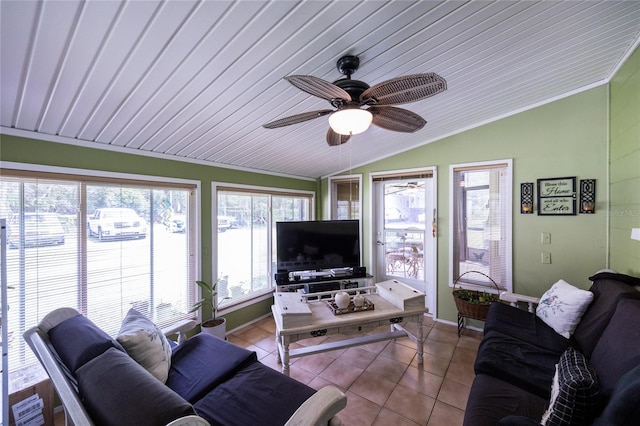 261 Ishie Ave, Bronson, FL 32621 - tiled living area with vaulted ceiling, a ceiling fan, wood ceiling, and crown molding