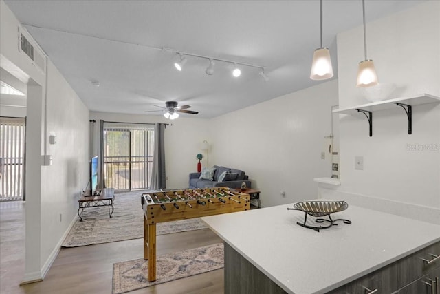 1700 SW 16th Ct Unit E30, Gainesville, FL 32608 - kitchen featuring wood finished floors, ceiling fan, rail lighting, light countertops, and open shelves