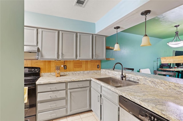 3958 NW 27th Ln, Gainesville, FL 32606 - kitchen with black range with electric cooktop, dishwasher, light tile patterned floors, decorative light fixtures, and gray cabinets
