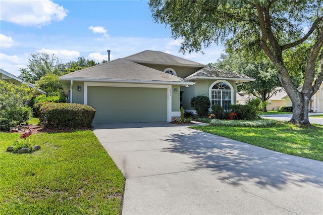 6033 NW 36th Dr, Gainesville, FL 32653 - ranch-style house with stucco siding, an attached garage, a front lawn, and concrete driveway