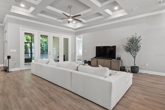 9474 SW 65th Pl, Gainesville, FL 32608 - living area with a ceiling fan, ornamental molding, coffered ceiling, beamed ceiling, and wood finished floors