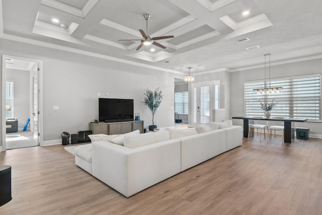 9474 SW 65th Pl, Gainesville, FL 32608 - living area with ceiling fan, light wood-style flooring, crown molding, beamed ceiling, and coffered ceiling