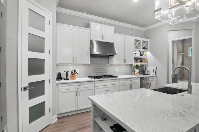 9474 SW 65th Pl, Gainesville, FL 32608 - kitchen featuring open shelves, under cabinet range hood, ornamental molding, white cabinets, and backsplash