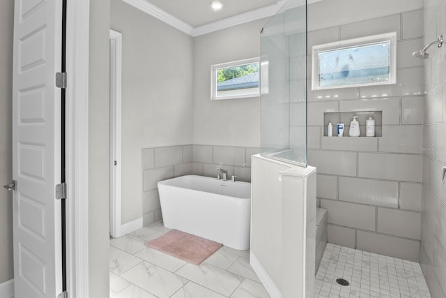 9474 SW 65th Pl, Gainesville, FL 32608 - bathroom featuring crown molding, a freestanding tub, tiled shower, and marble look tile flooring
