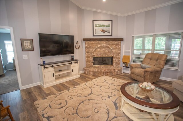 2361 Sandy Run Dr N, Middleburg, FL 32068 - living area featuring wood finished floors, ornamental molding, a fireplace, and high vaulted ceiling