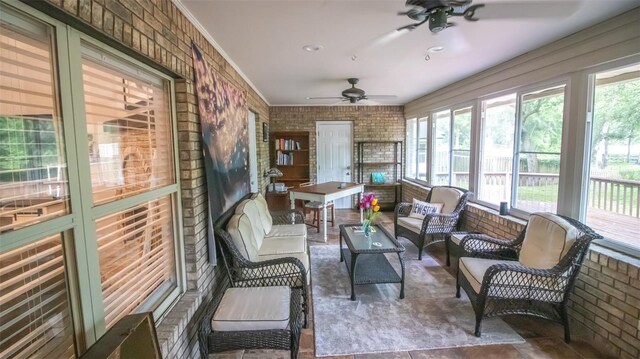 2361 Sandy Run Dr N, Middleburg, FL 32068 - sunroom / solarium with ceiling fan, brick wall, and outdoor lounge area