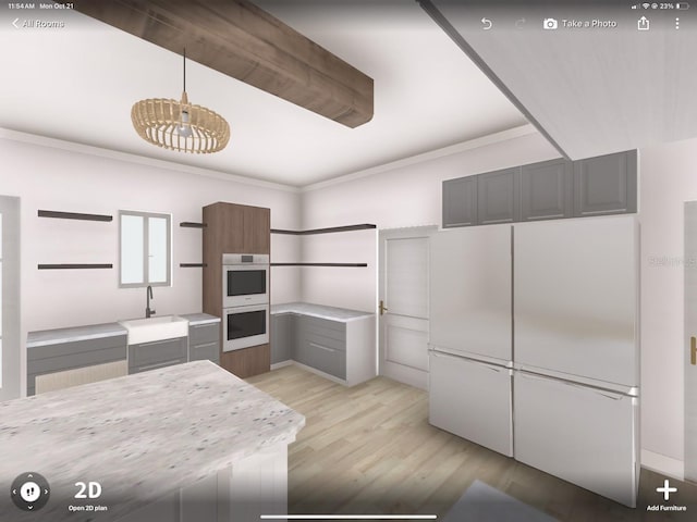 14727 SW 92nd St, Lake Butler, FL 32054 - kitchen with open shelves, paneled built in fridge, stainless steel double oven, gray cabinets, and light countertops