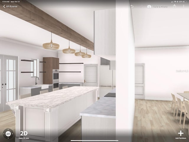 14727 SW 92nd St, Lake Butler, FL 32054 - kitchen featuring modern cabinets, light countertops, double wall oven, a kitchen island, and wood finished floors