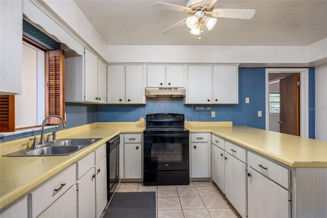 2147 NW 7th Pl, Gainesville, FL 32603 - kitchen with black appliances, under cabinet range hood, light countertops, a peninsula, and a ceiling fan