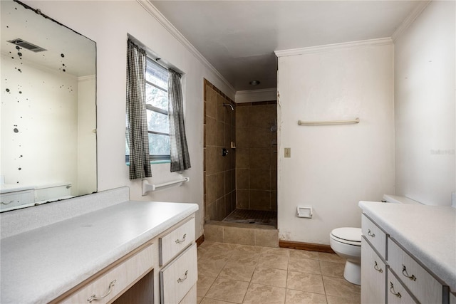 2147 NW 7th Pl, Gainesville, FL 32603 - bathroom with vanity, a tile shower, tile patterned floors, and ornamental molding