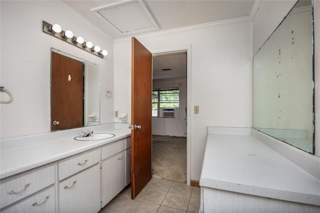 2147 NW 7th Pl, Gainesville, FL 32603 - bathroom with vanity, tile patterned floors, ornamental molding, and cooling unit