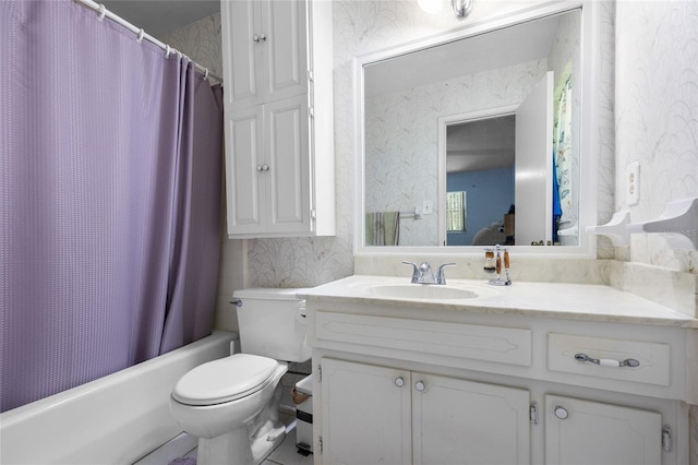 2809 SW 81st St, Gainesville, FL 32608 - full bath featuring wallpapered walls, vanity, and shower / bath combination with curtain
