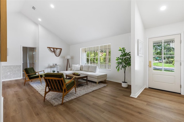 10943 NW 34th Pl, Gainesville, FL 32606 - living area featuring high vaulted ceiling, plenty of natural light, wood finished floors, and recessed lighting
