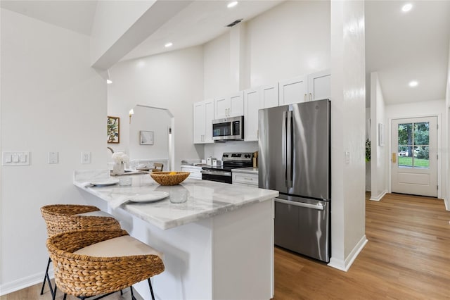10943 NW 34th Pl, Gainesville, FL 32606 - kitchen with stainless steel appliances, a kitchen breakfast bar, light wood-style flooring, high vaulted ceiling, and a peninsula