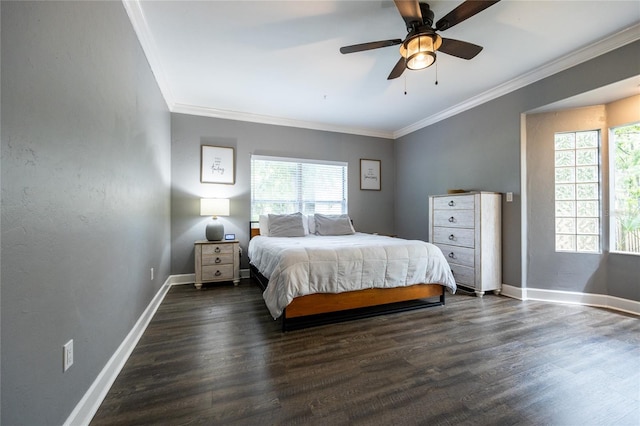 9911 NW 24th Pl, Gainesville, FL 32606 - bedroom with ornamental molding, dark wood-style floors, and a ceiling fan