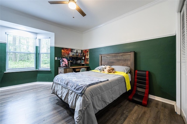 9911 NW 24th Pl, Gainesville, FL 32606 - bedroom with wood finished floors, ornamental molding, and ceiling fan