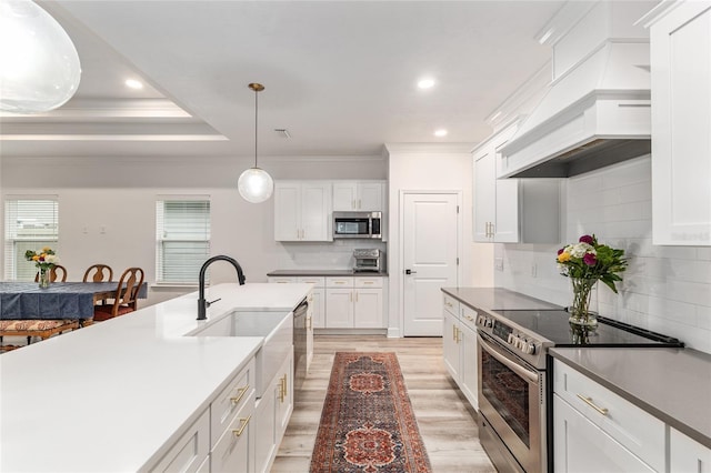 1425 SW 67th Dr, Gainesville, FL 32607 - kitchen with appliances with stainless steel finishes, custom exhaust hood, ornamental molding, light wood-style flooring, and recessed lighting